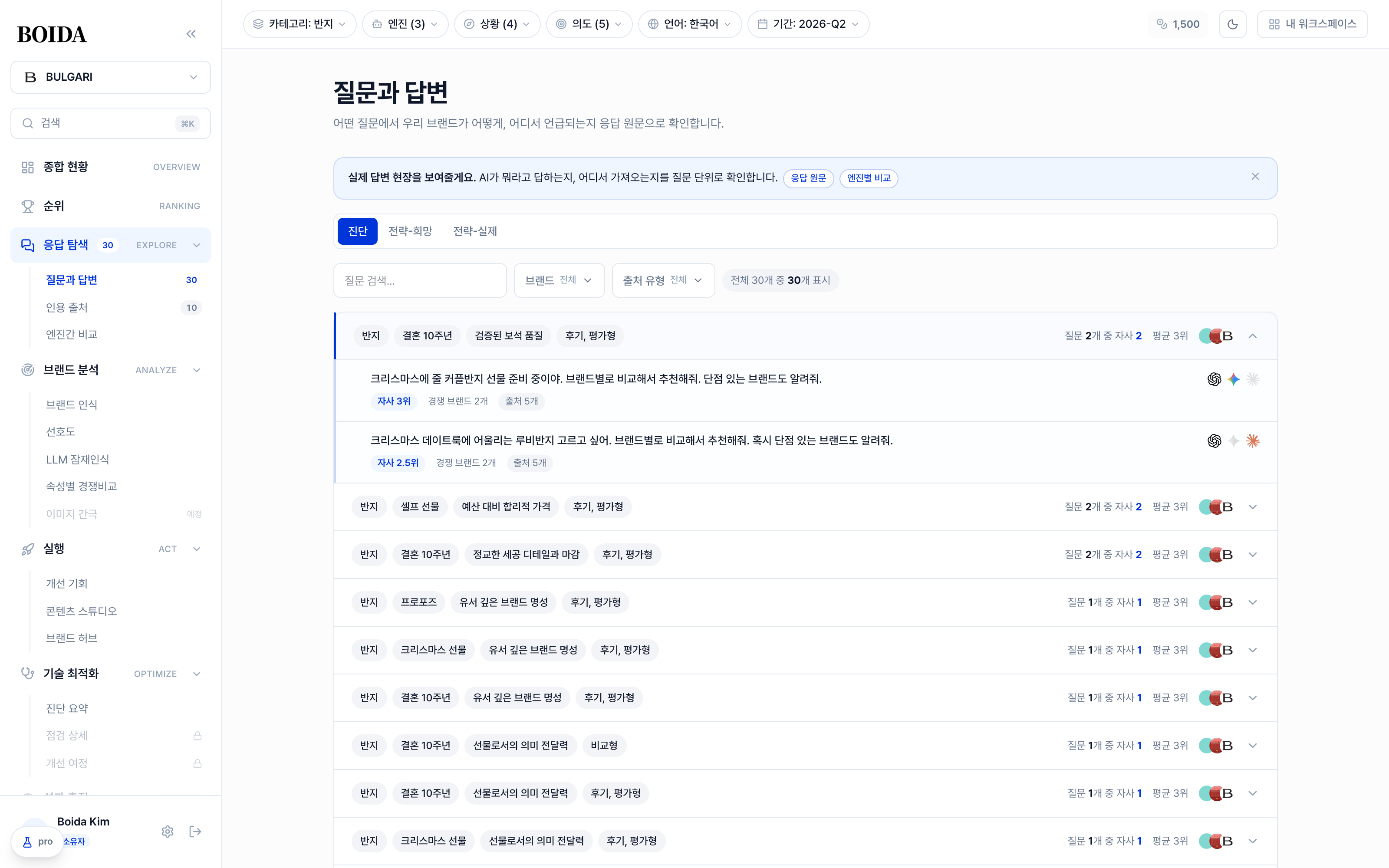질문, 답변 모니터링 화면